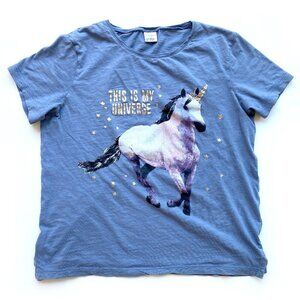 Lindex Girls Unicorn Graphic T-Shirt Size 12-14 / EU 158-164 Short Sleeves Blue